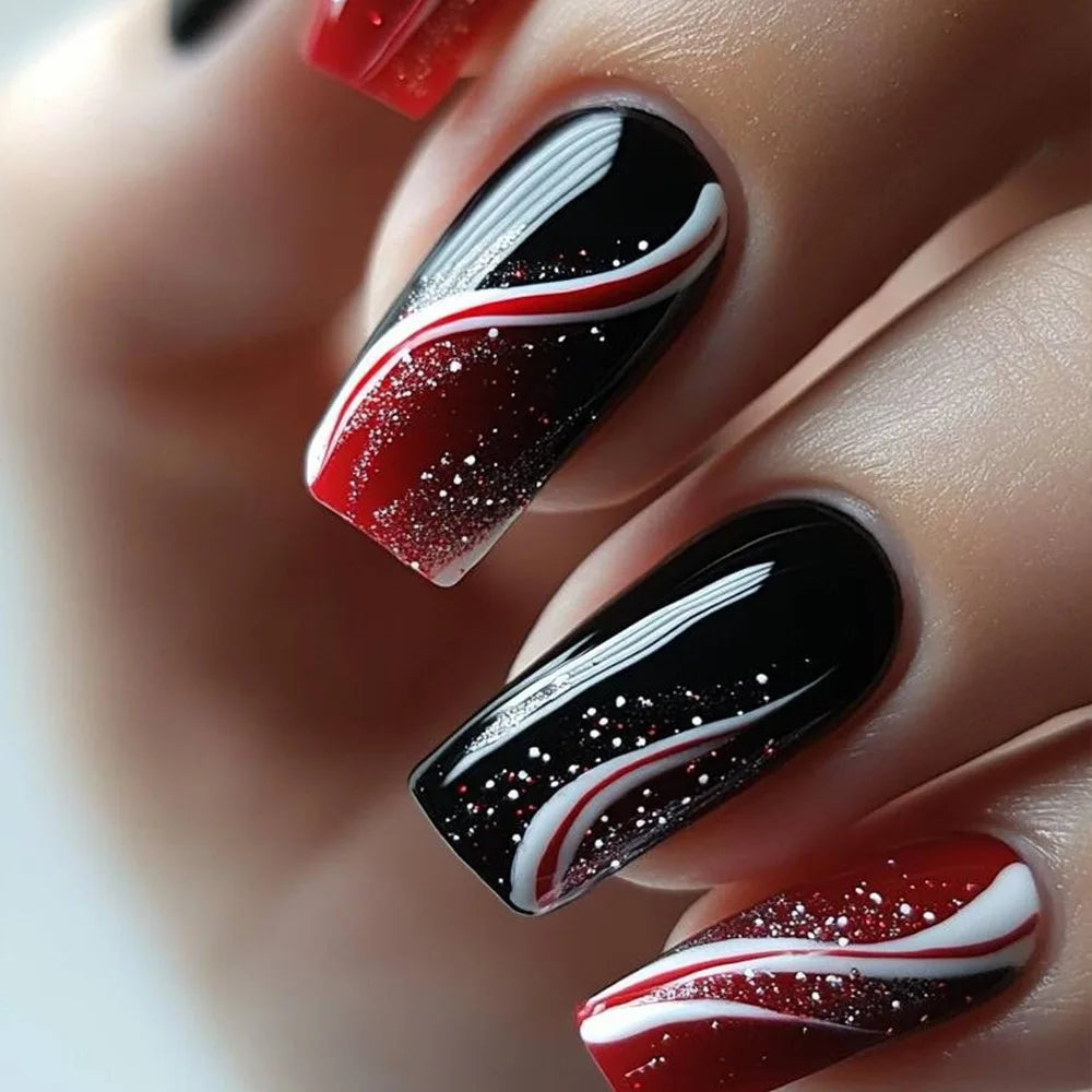 24pcs Simple French Press on Nails Tips Love Stripe Design Short Square False Nails Woman Acrylic Full Cover Nail Art Fake Nail