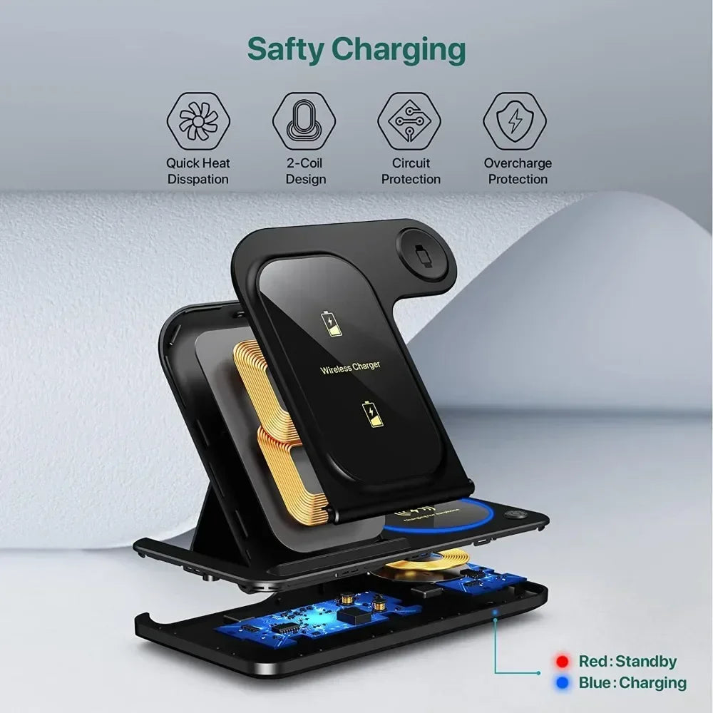 30W 3-in-1 Fast Wireless Charger Stand – Foldable Charging Dock for iPhone, Apple Watch & AirPods (iPhone 15–11 Compatible)