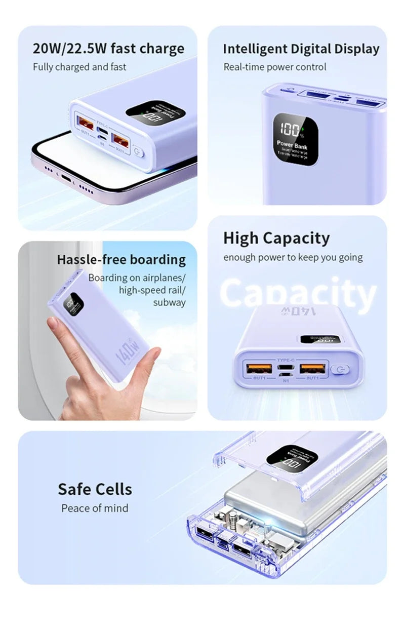 140W Super Fast Charging Power Bank – High Capacity Portable Battery for iPhone, Samsung & More