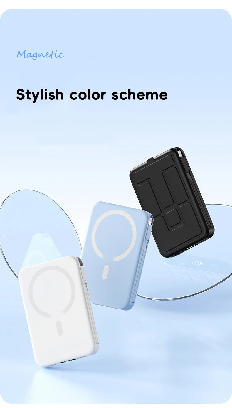 10000mAh Magnetic Wireless Power Bank with Built in Cables and Fast Charging Stand