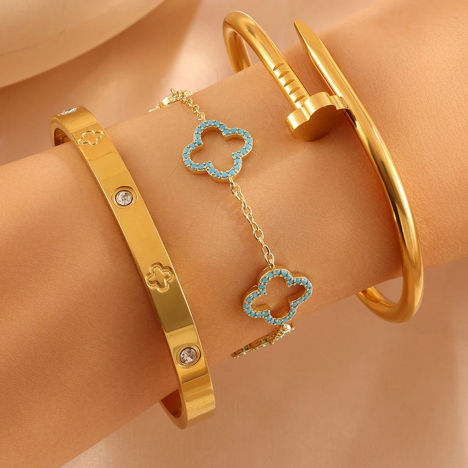 Stainless Steel Gold Plated Four-Leaf Flower Nails Stacked Bracelet Bangles Shiny Zircon Couple Jewelry Gift