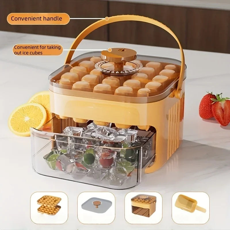 Double Layer Ice Cube Tray Box with Lid and Bin Pull Out Ice Storage Drawer