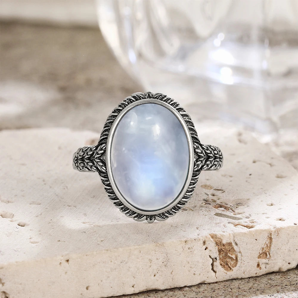 Vintage 925 Silver Ring Natural Moonstone Flower Ring 925 Hollow Eye Shape Round Sun And Moon Ring Fine Jewelry for Women Men