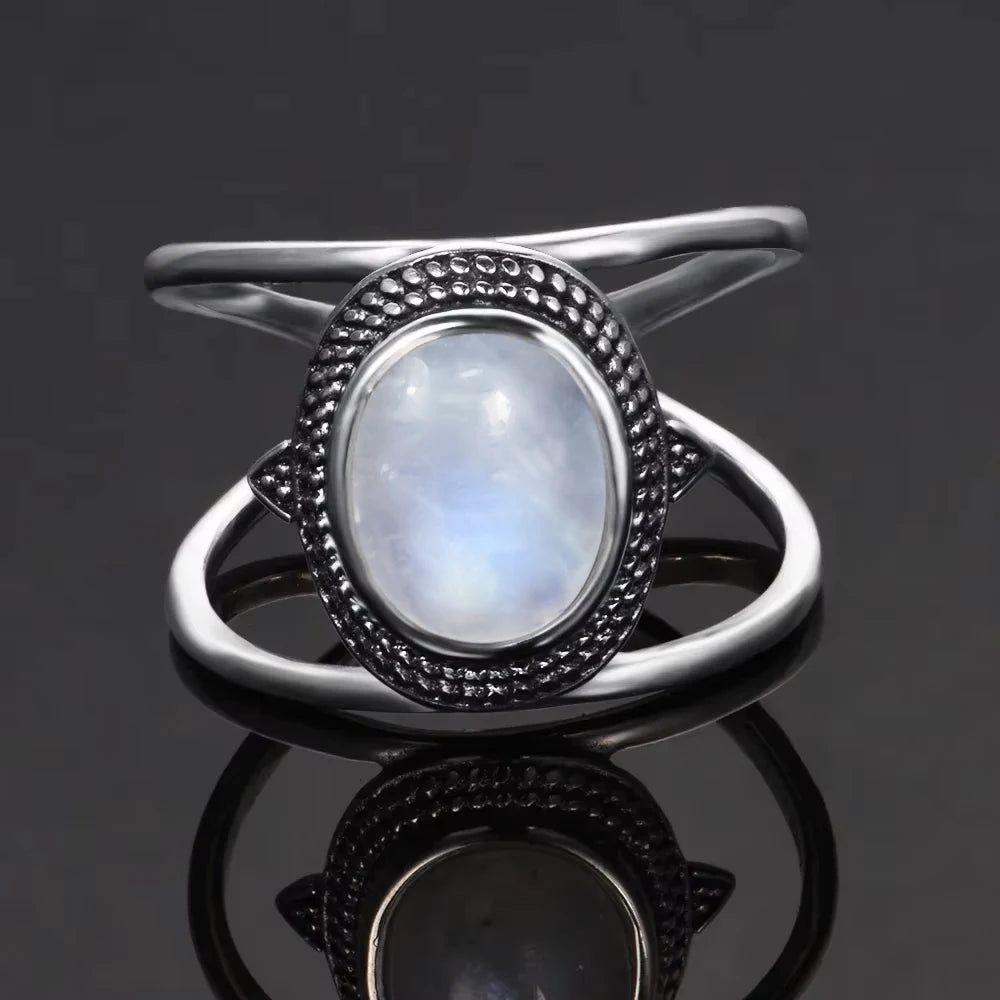 Vintage 925 Silver Ring Natural Moonstone Flower Ring 925 Hollow Eye Shape Round Sun And Moon Ring Fine Jewelry for Women Men