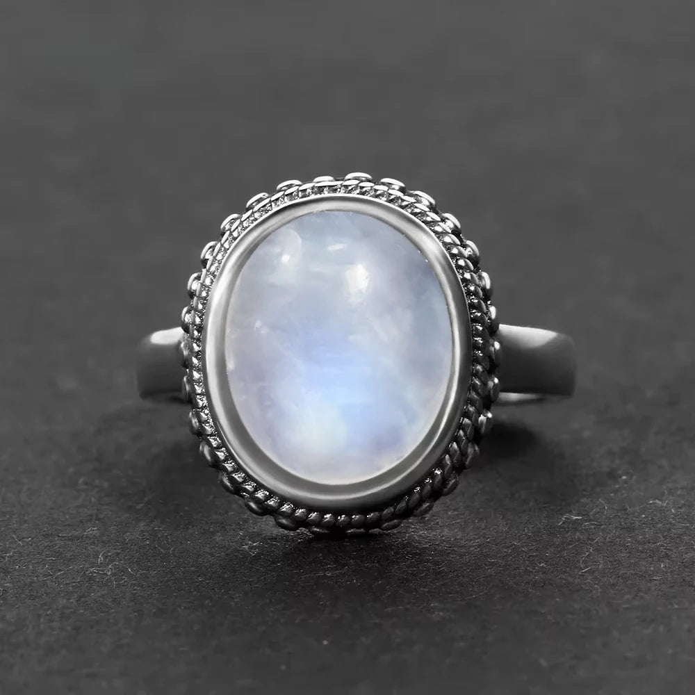 Vintage 925 Silver Ring Natural Moonstone Flower Ring 925 Hollow Eye Shape Round Sun And Moon Ring Fine Jewelry for Women Men