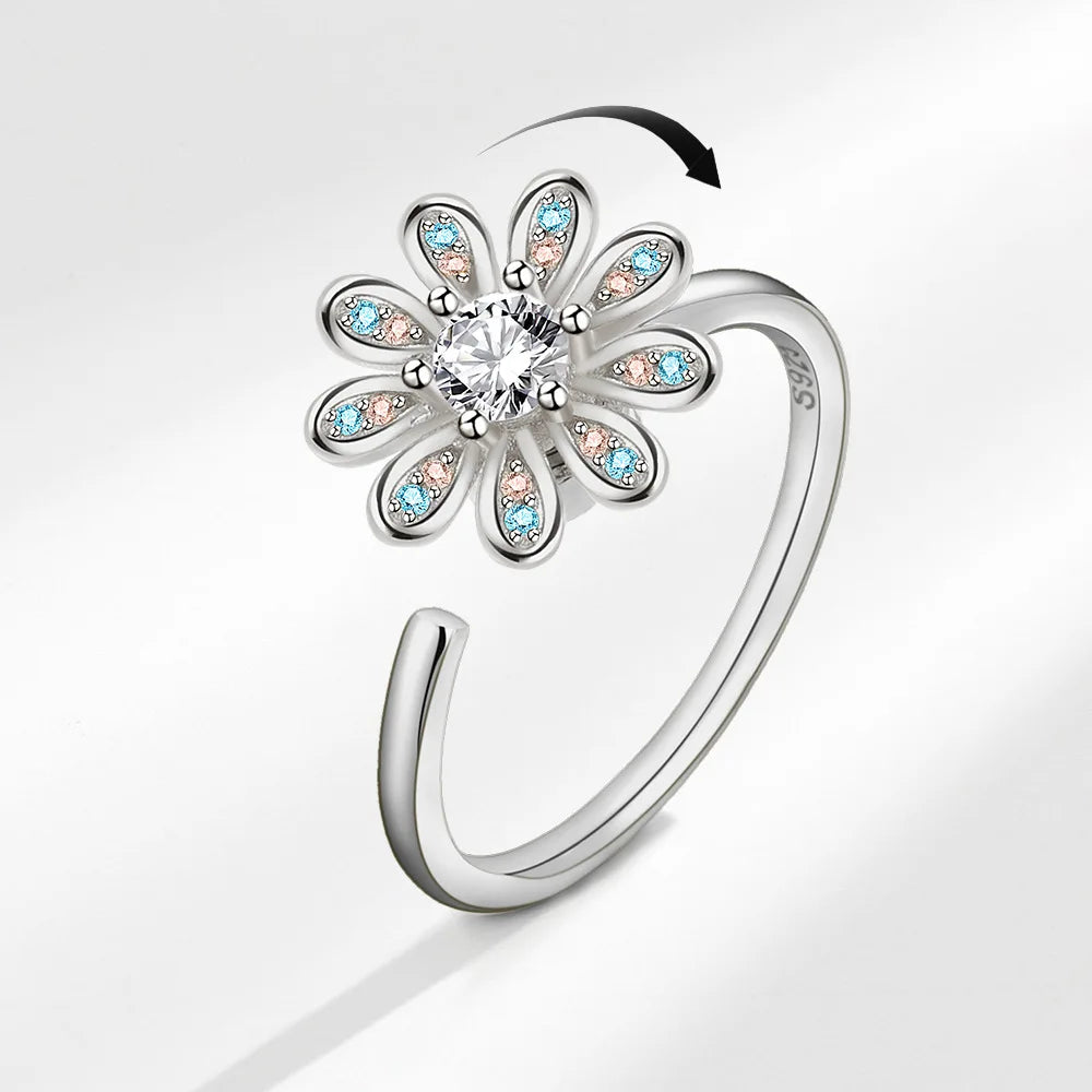925 Sterling Silver Rotatable Sunflower Ring
