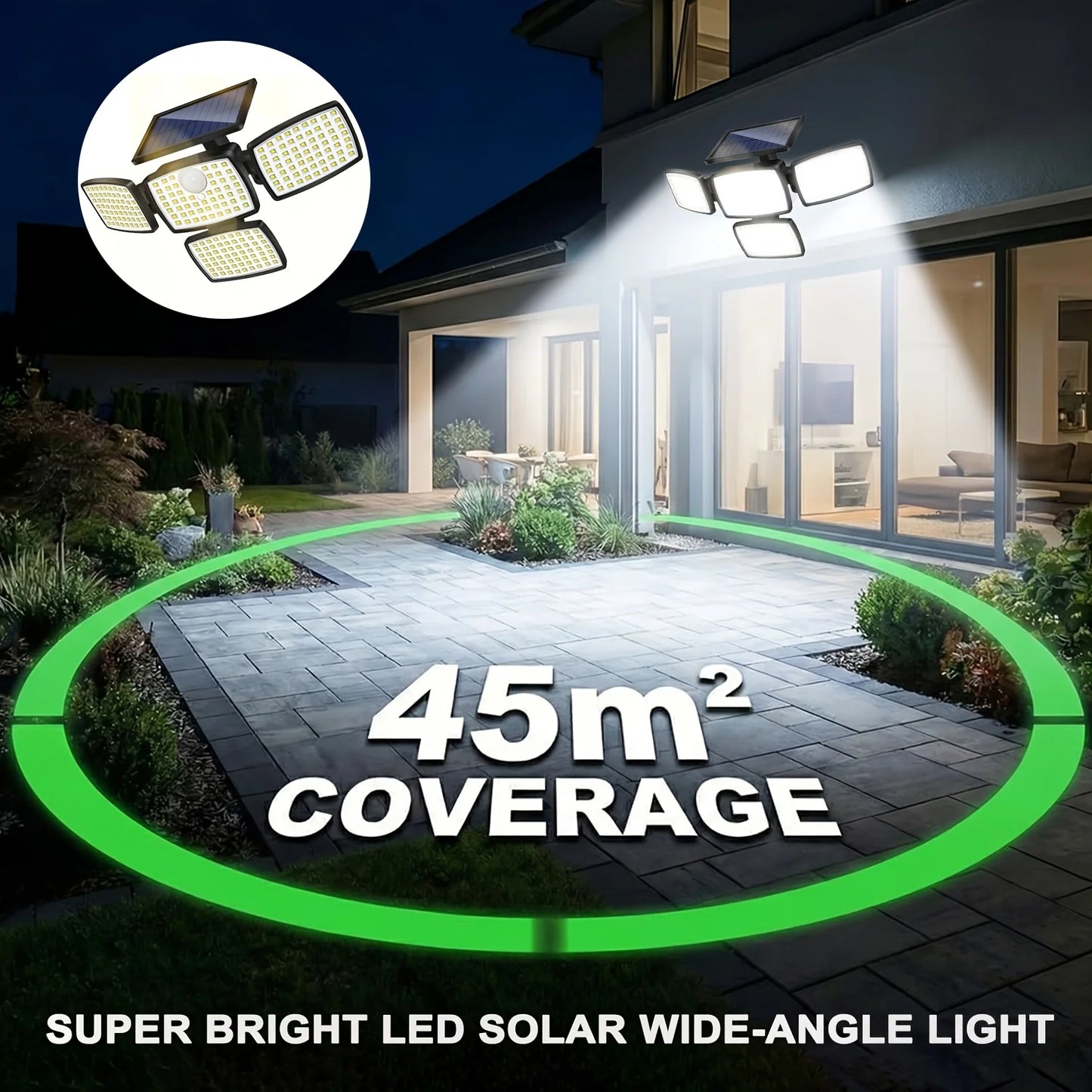 4-Head Solar Motion Sensor Outdoor Light | 360° Wide Angle Security Floodlight