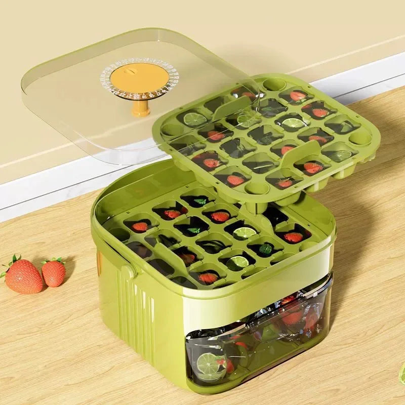 Double Layer Ice Cube Tray Box with Lid and Bin Pull Out Ice Storage Drawer