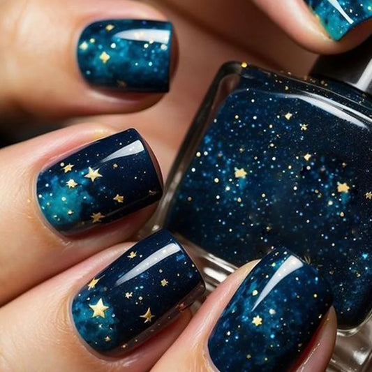24Pcs Press on Fake Nails Short Square Black Starlit Sky Full Cover Tips