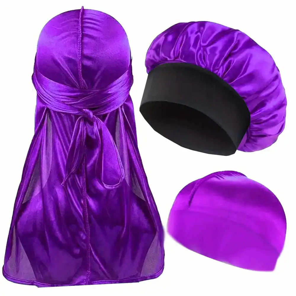 3pcs Satin Bonnet Durag and Dome Cap Set Elastic Night Sleep Hair Wrap
