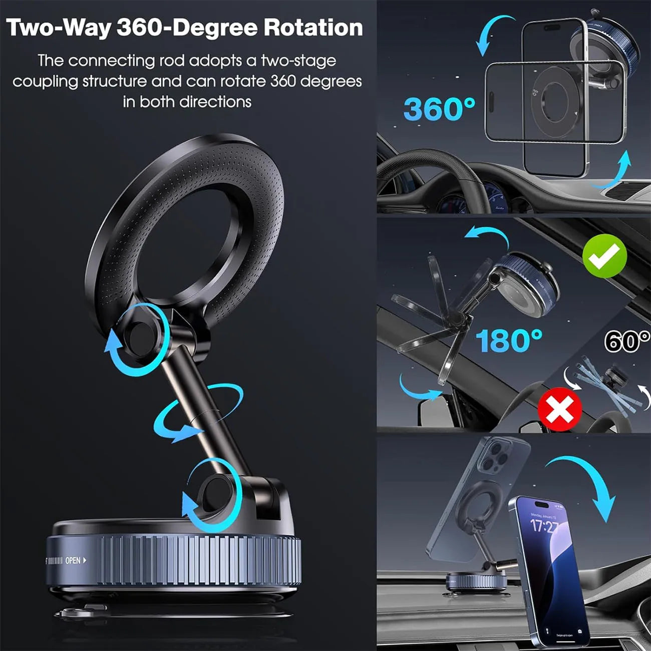 MagSafe Magnetic Suction Cup Car Phone Holder – 360° Adjustable Foldable Mini Phone Mount for iPhone