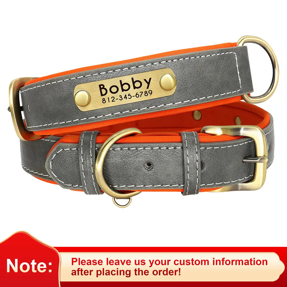 Customized PU Leather Dog Collar – Soft Padded Adjustable Name Engraved Collar