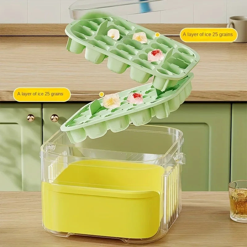 Double Layer Ice Cube Tray Box with Lid and Bin Pull Out Ice Storage Drawer