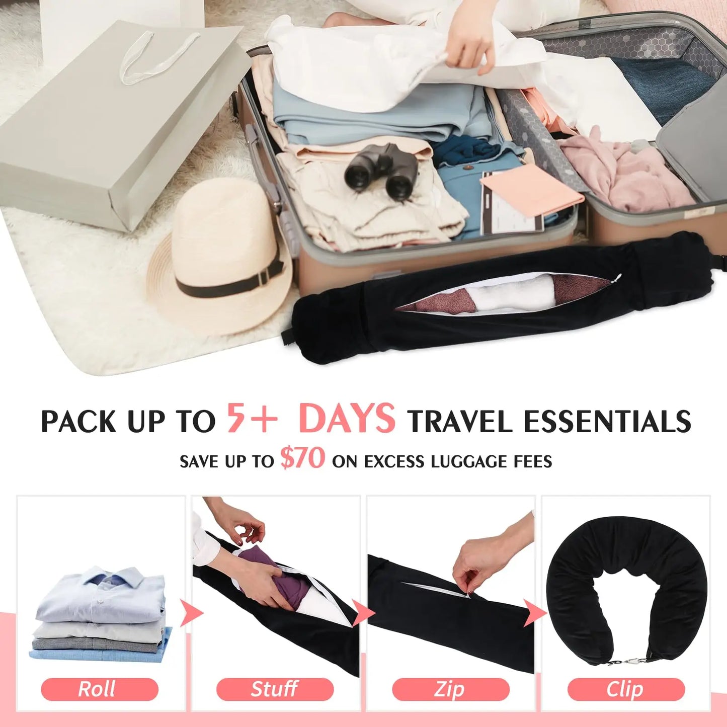 Stuffable Travel Neck Pillow – Clothes Storage Pillow for Flights