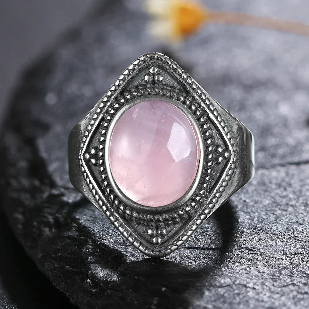 Vintage S925 Sterling Silver Ring Oval Round Natural Rose Quartz Ring Pink Stone Sun Shaped Retro Silver Fine Jewelry For Women