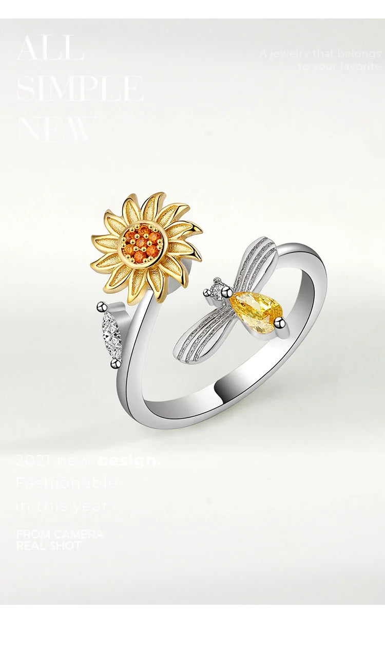 925 Sterling Silver Rotatable Sunflower Ring