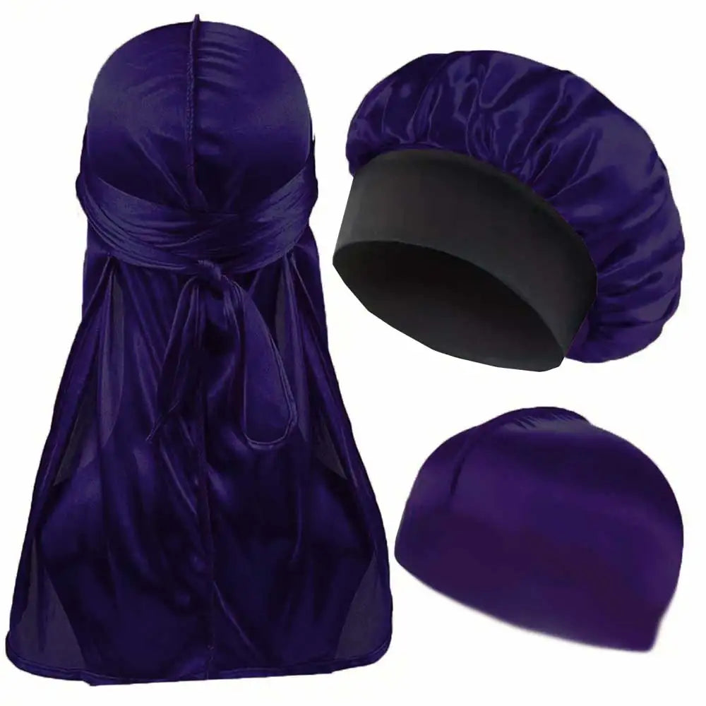 3pcs Satin Bonnet Durag and Dome Cap Set Elastic Night Sleep Hair Wrap