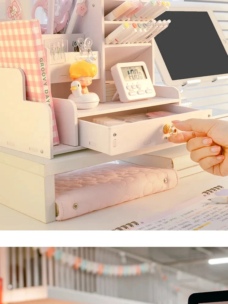 Wooden Desk Organizer with Pen & Book Storage