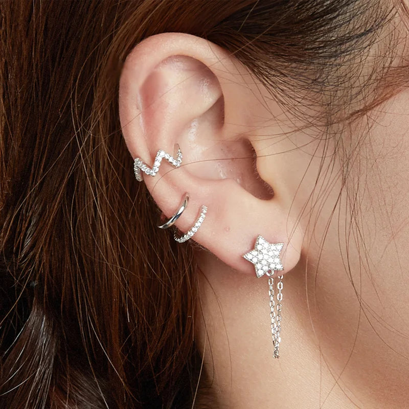 BAMOER 925 Sterling Silver Mono Clip Earrings for Girl CZ Platinum Plated Ear Cuffs Non Piercing for Women Wedding Party Jewelry