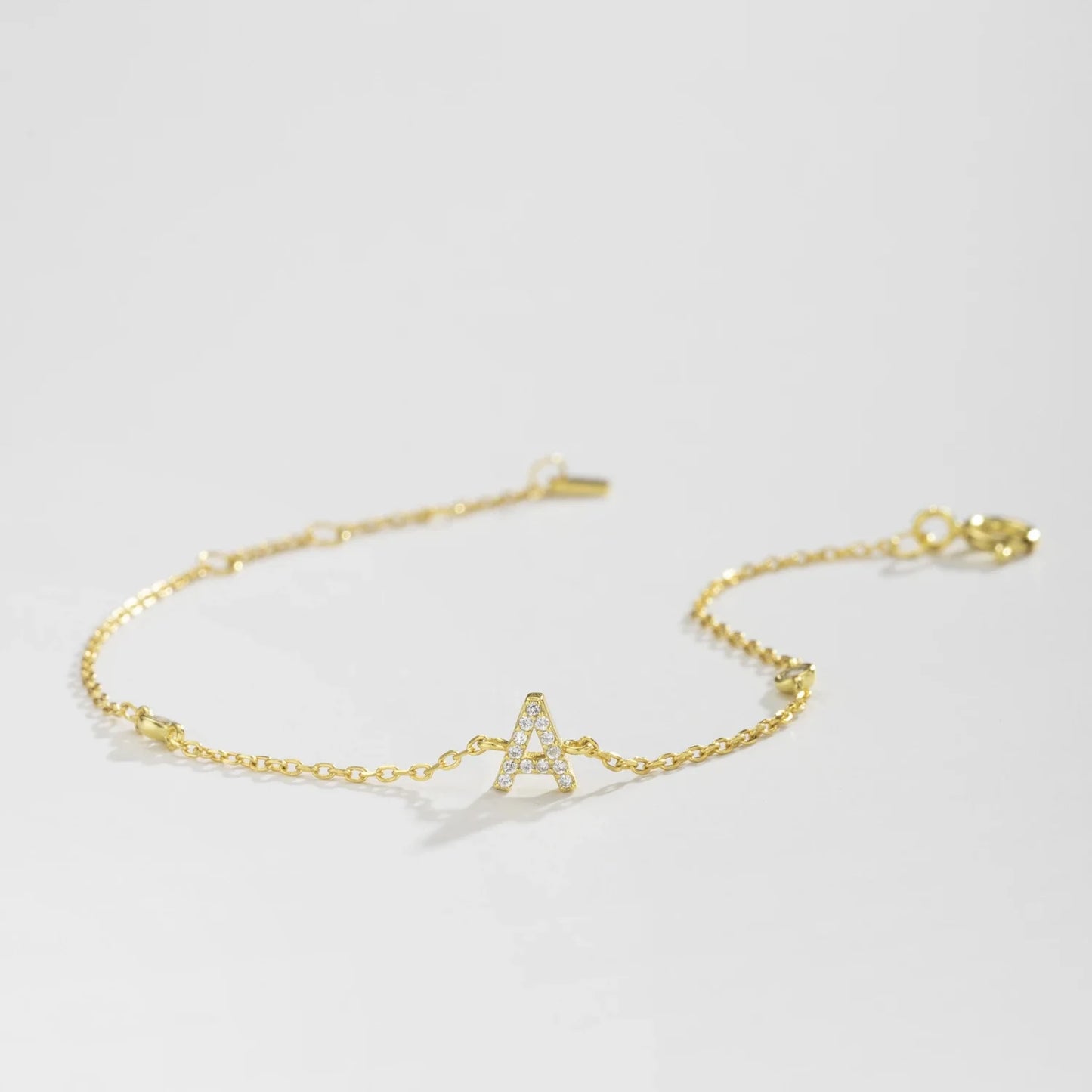 925 Sterling Silver Initial Letter Bracelet Gold CZ Zircon Alphabet Monogram