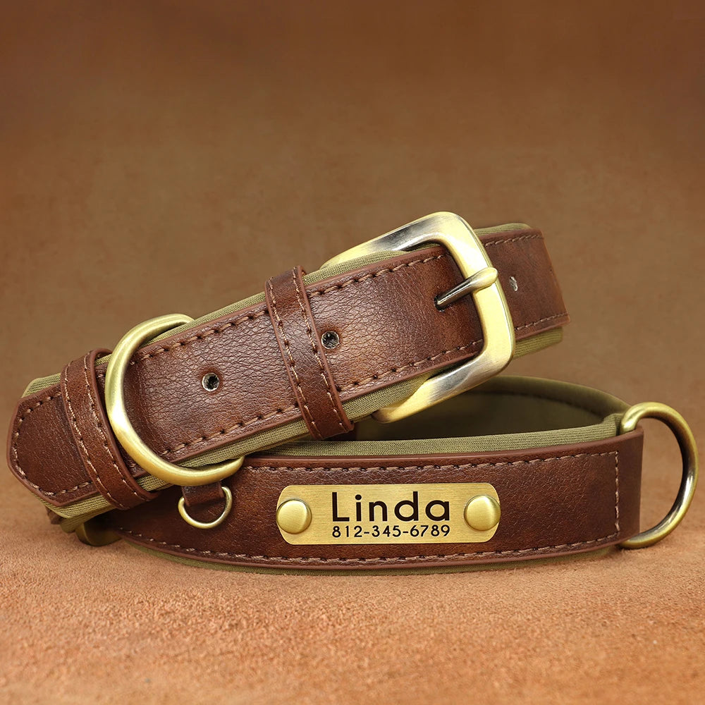 Customized PU Leather Dog Collar – Soft Padded Adjustable Name Engraved Collar