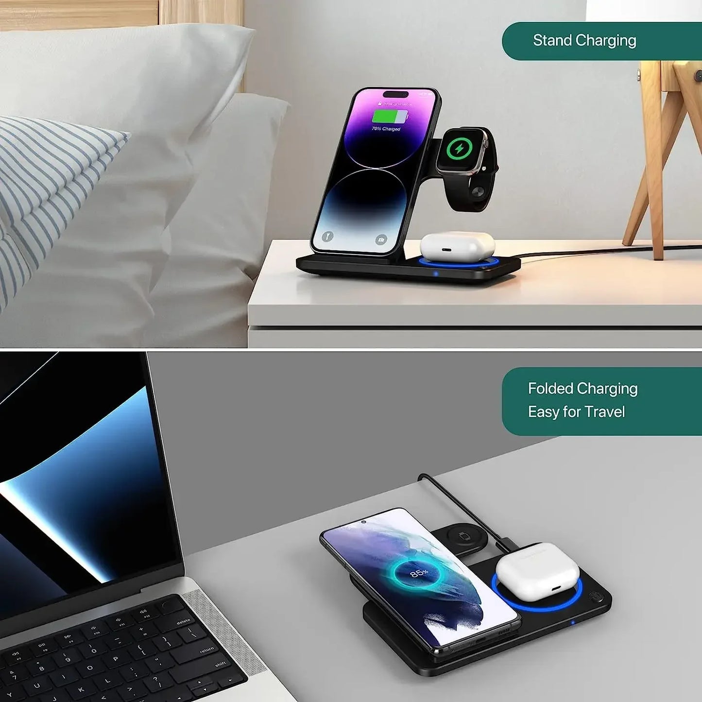 30W 3-in-1 Fast Wireless Charger Stand – Foldable Charging Dock for iPhone, Apple Watch & AirPods (iPhone 15–11 Compatible)