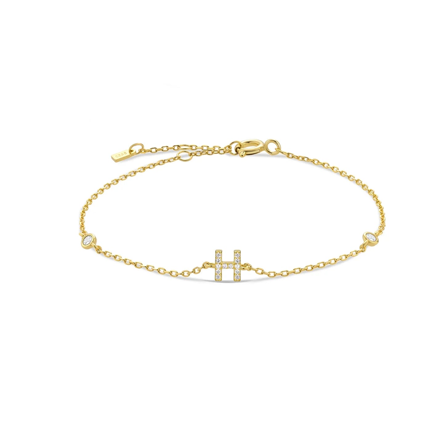 925 Sterling Silver Initial Letter Bracelet Gold CZ Zircon Alphabet Monogram