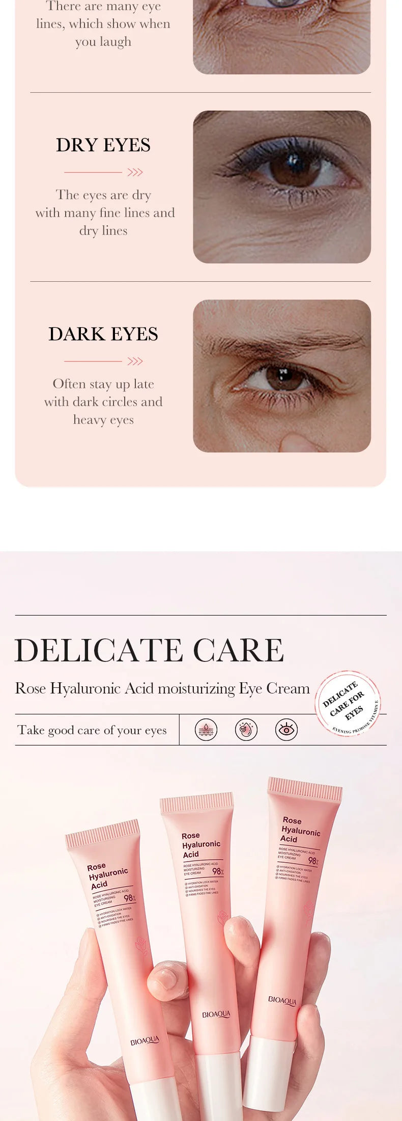 BIOAQUA Rose Hyaluronic Acid Travel Size Eye Mask Anti Wrinkle Dark Circles Eye Patches Moisturizing Firming Skin Care