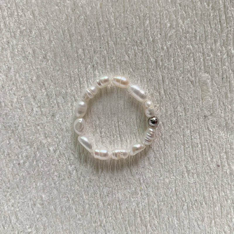 Elegant Handmade Freshwater Pearl Rings Women With Stainless Steel Bead Elastic Thread Wedding Statement Ring Gift