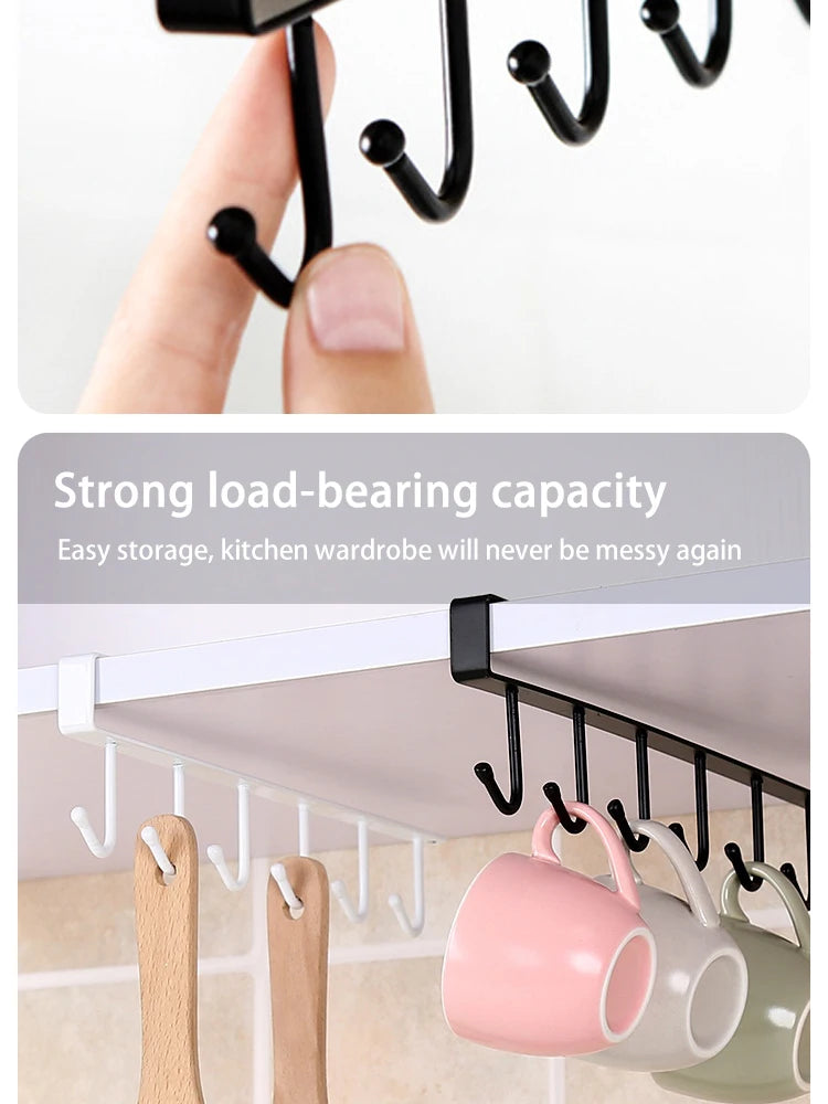 Under Cabinet Kitchen Storage Rack 6 Hooks Mug Cup Holder Hanging Organizer