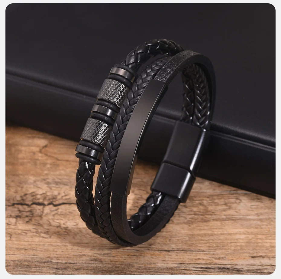 Vnox Personalized Braided Leather Bracelet for Men Handmade Triple Woven Pu Leather Bracelet Custom Name Text Jewelry Gifts