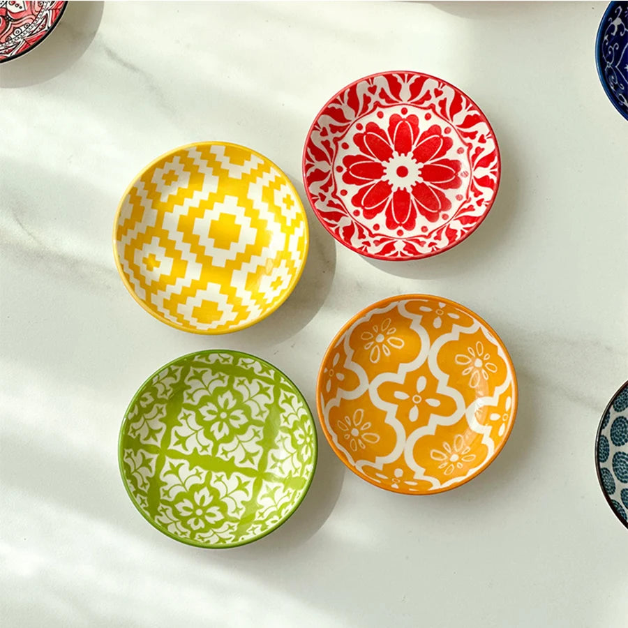 6/10 Pieces of Ceramic Condiment Dishes, Bohemian Plates, Sauce Dishes, Household Soy Sauce Vinegar Spice Dishes, Suitable for Home Kitchens, Restaurants, Sushi Bars, Parties, Hot Pot, Picnics, Camping, Barbecues, Cold