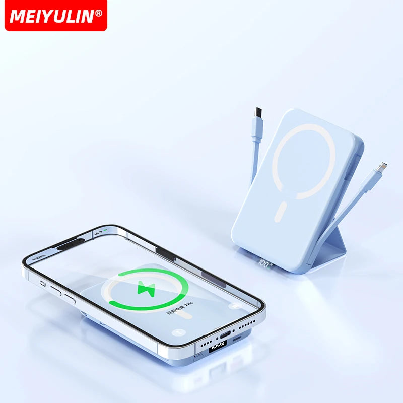 10000mAh Magnetic Wireless Power Bank with Built in Cables and Fast Charging Stand