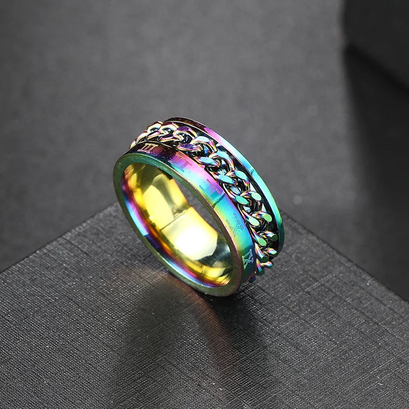 Anxiety Fidget Rings For Men Spining Titanium Stainless Steel Colorfully Spinner Rotatable Chain Jewelry Rotating Rings Men Gift