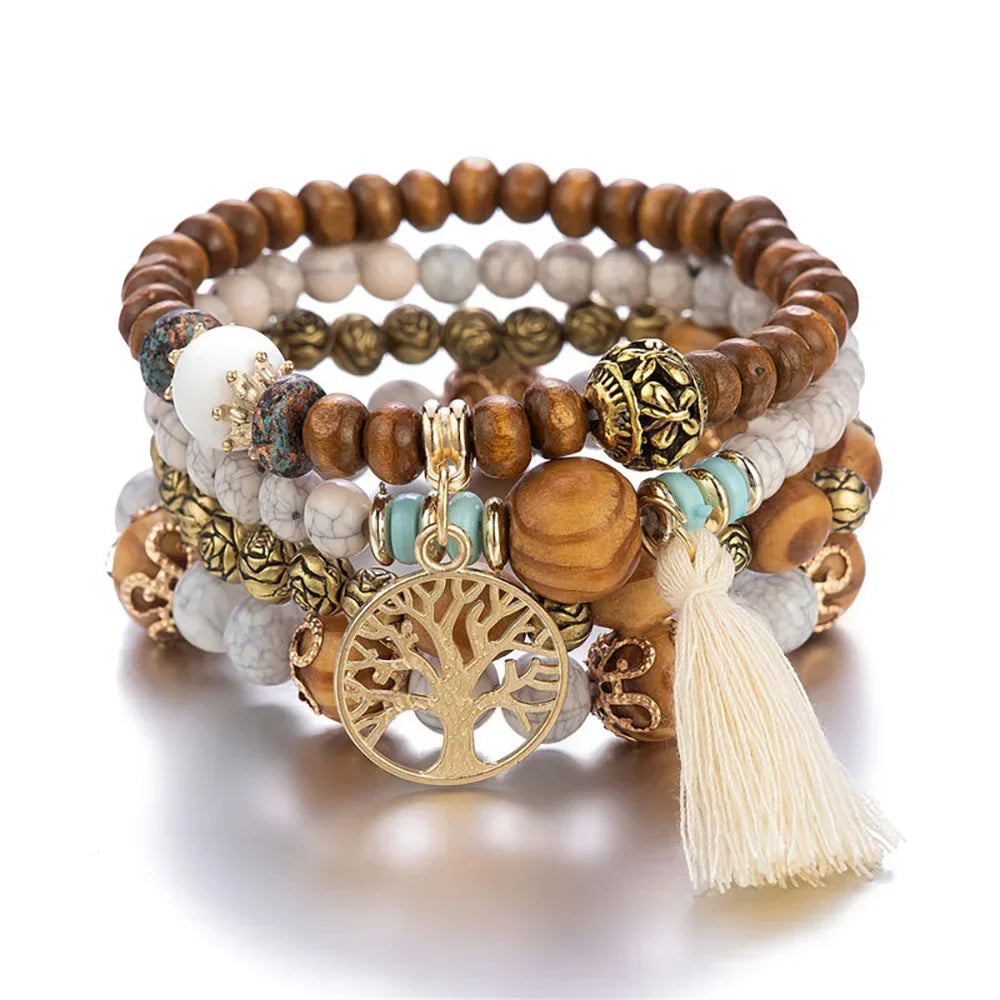 4Pcs/Set Boho Wooden Beaded Bracelet Set For Women Tree Of Life White Tassels Charm Elastic Chain Bangle Men Bohemia Jewelry