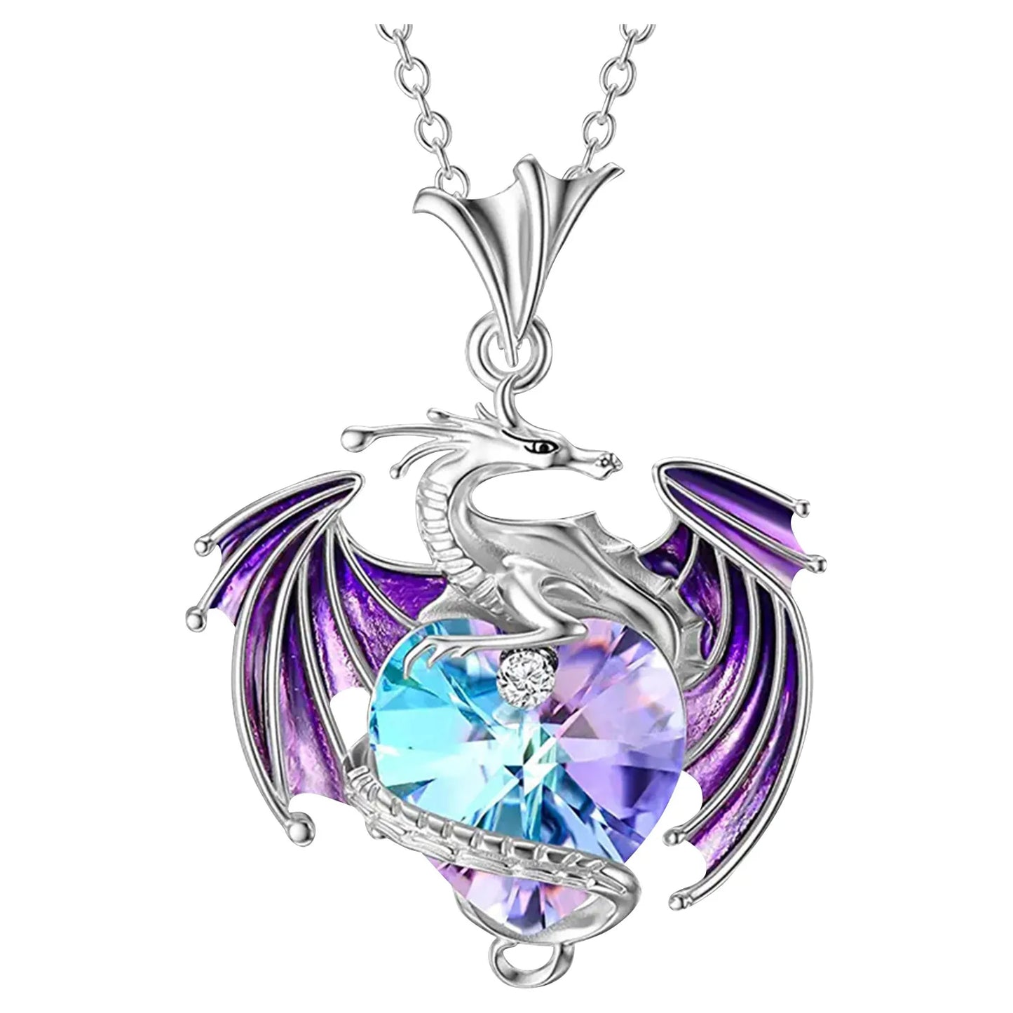 Silver Dragon Heart Rhinestone Pendant Necklace Exquisite Multi-Color Party Jewelry