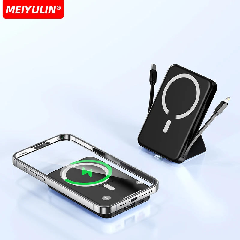 10000mAh Magnetic Wireless Power Bank with Built in Cables and Fast Charging Stand