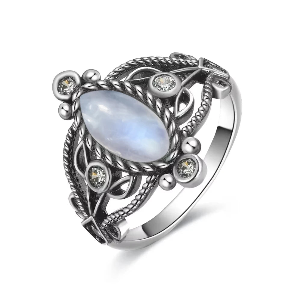 Vintage 925 Silver Ring Natural Moonstone Flower Ring 925 Hollow Eye Shape Round Sun And Moon Ring Fine Jewelry for Women Men