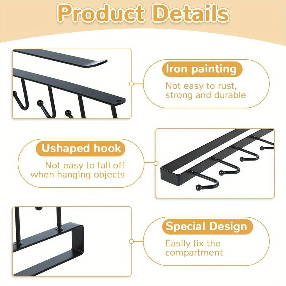 Under Cabinet Kitchen Storage Rack 6 Hooks Mug Cup Holder Hanging Organizer