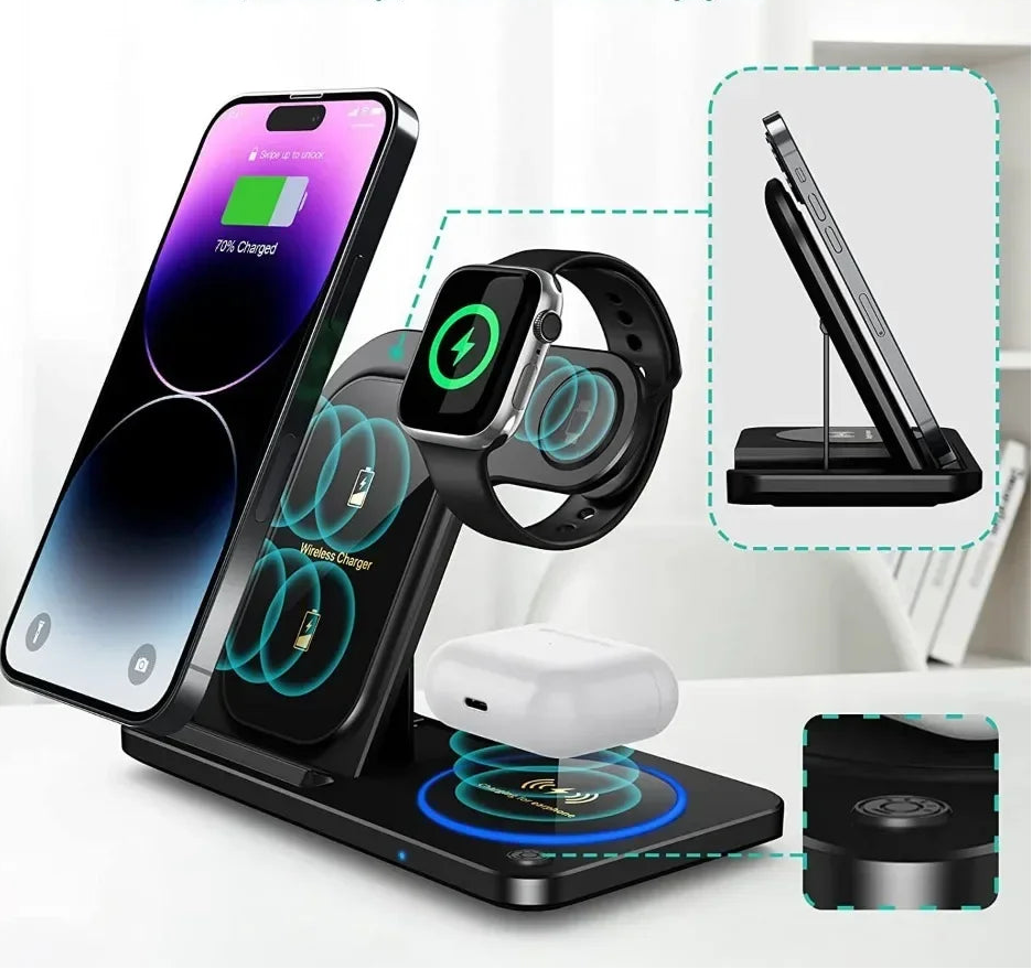 30W 3-in-1 Fast Wireless Charger Stand – Foldable Charging Dock for iPhone, Apple Watch & AirPods (iPhone 15–11 Compatible)