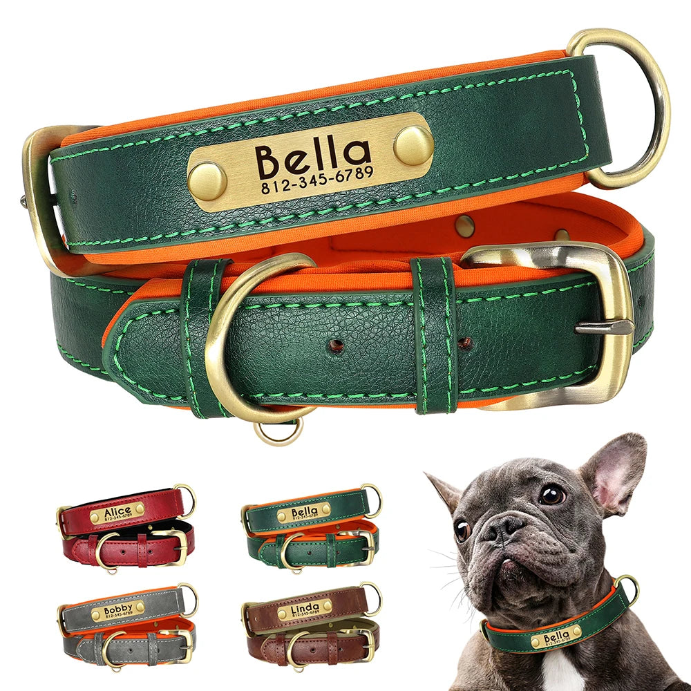 Customized PU Leather Dog Collar – Soft Padded Adjustable Name Engraved Collar