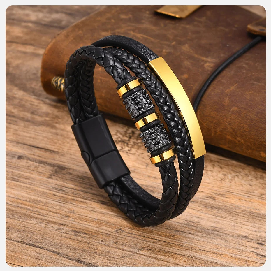 Vnox Personalized Braided Leather Bracelet for Men Handmade Triple Woven Pu Leather Bracelet Custom Name Text Jewelry Gifts