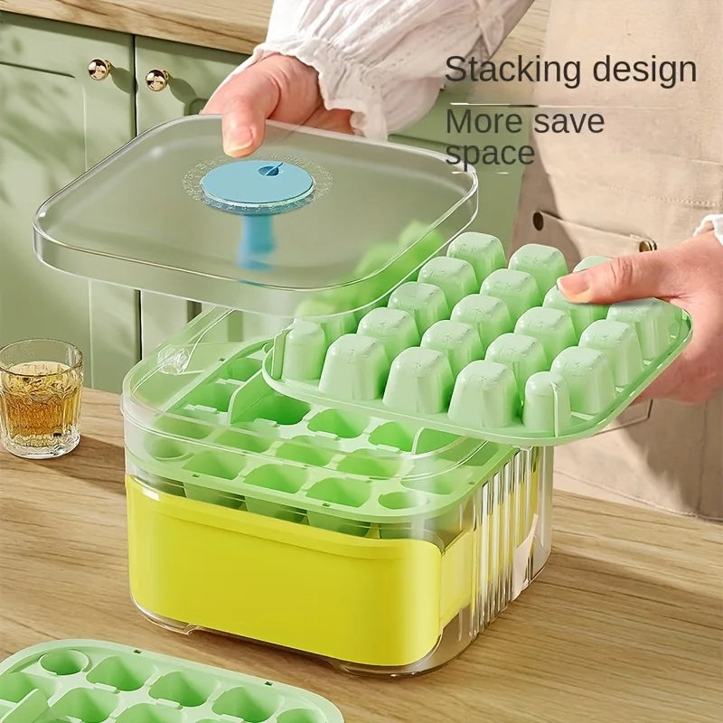 Double Layer Ice Cube Tray Box with Lid and Bin Pull Out Ice Storage Drawer