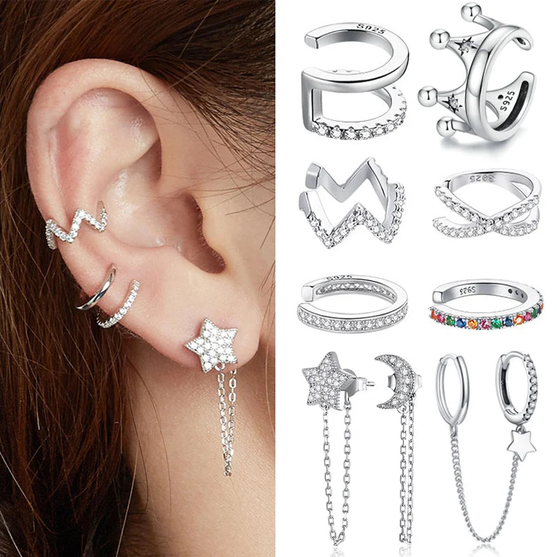 BAMOER 925 Sterling Silver Mono Clip Earrings for Girl CZ Platinum Plated Ear Cuffs Non Piercing for Women Wedding Party Jewelry