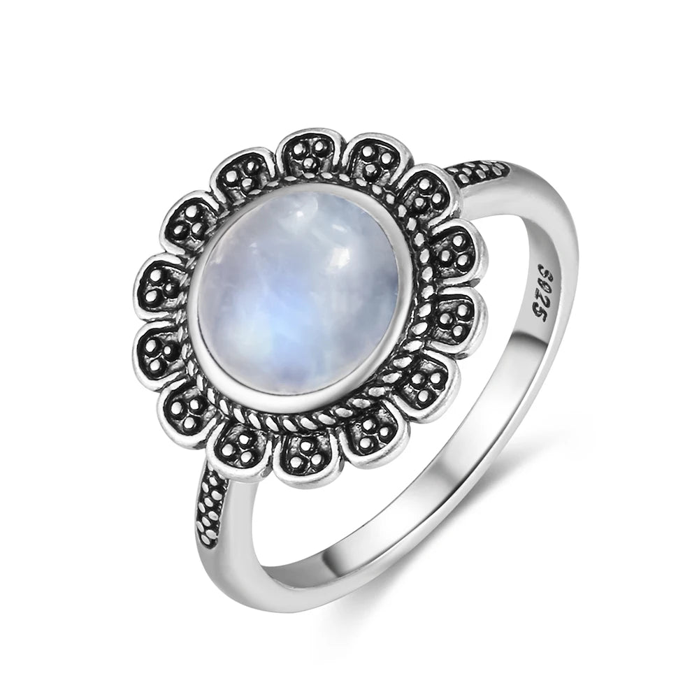 Vintage 925 Silver Ring Natural Moonstone Flower Ring 925 Hollow Eye Shape Round Sun And Moon Ring Fine Jewelry for Women Men