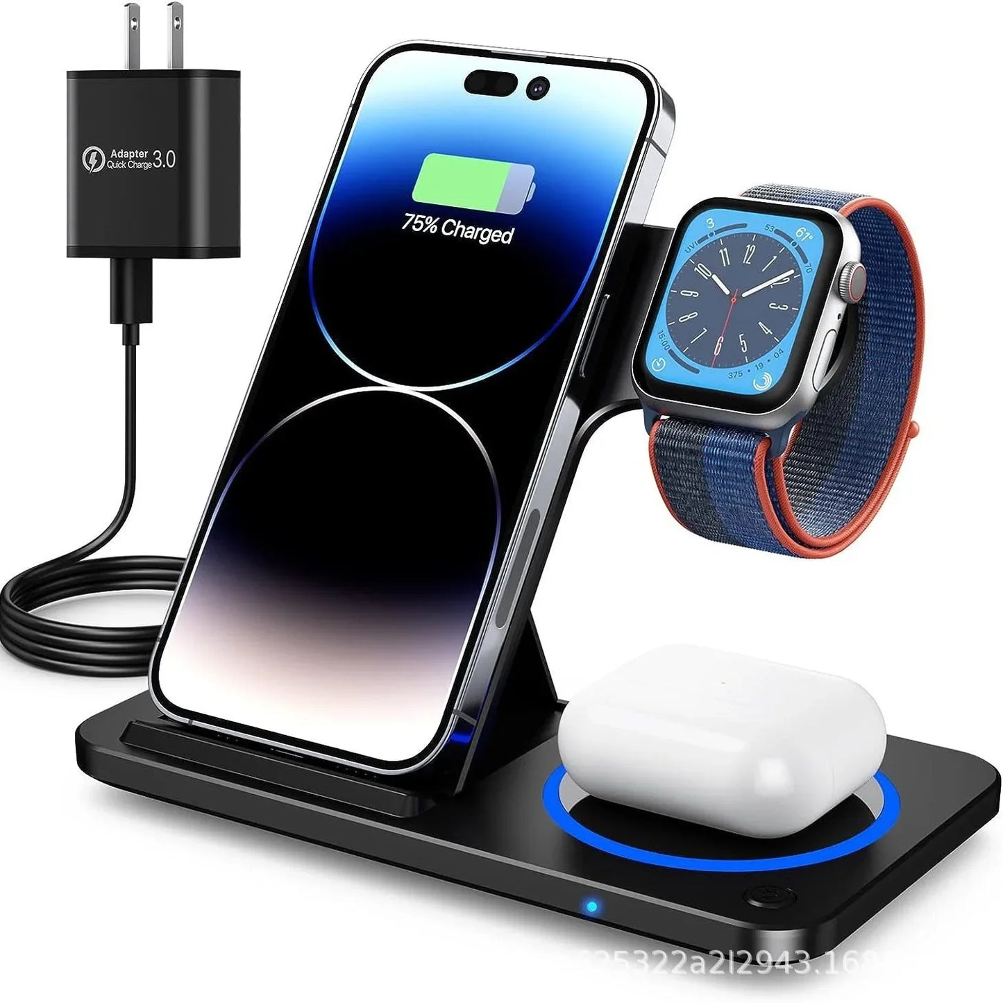 30W 3-in-1 Fast Wireless Charger Stand – Foldable Charging Dock for iPhone, Apple Watch & AirPods (iPhone 15–11 Compatible)