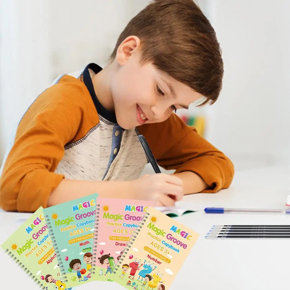 4-Pack Magic Grooved Handwriting Workbooks | Reusable Tracing Set with Pen Aid