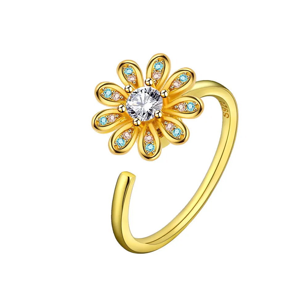 925 Sterling Silver Rotatable Sunflower Ring