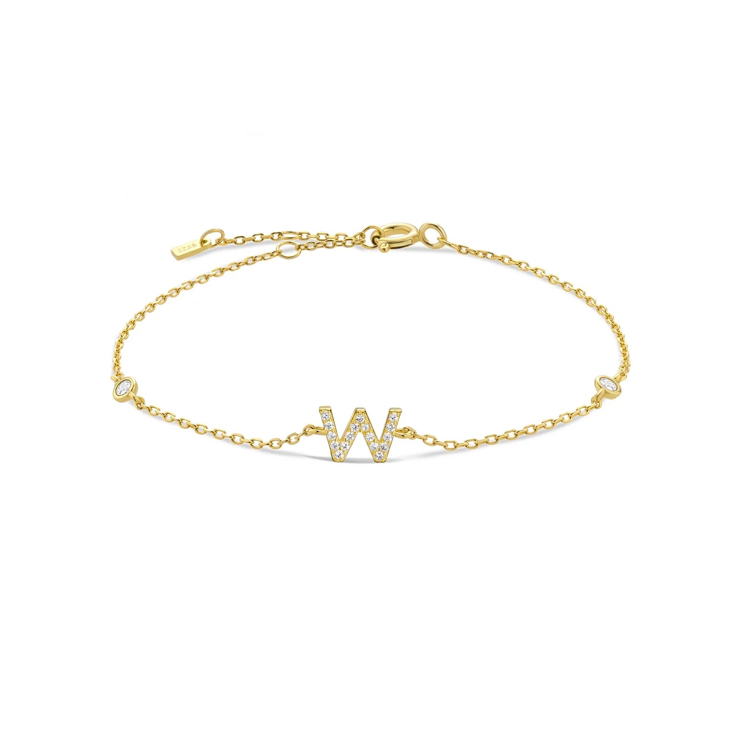 925 Sterling Silver Initial Letter Bracelet Gold CZ Zircon Alphabet Monogram