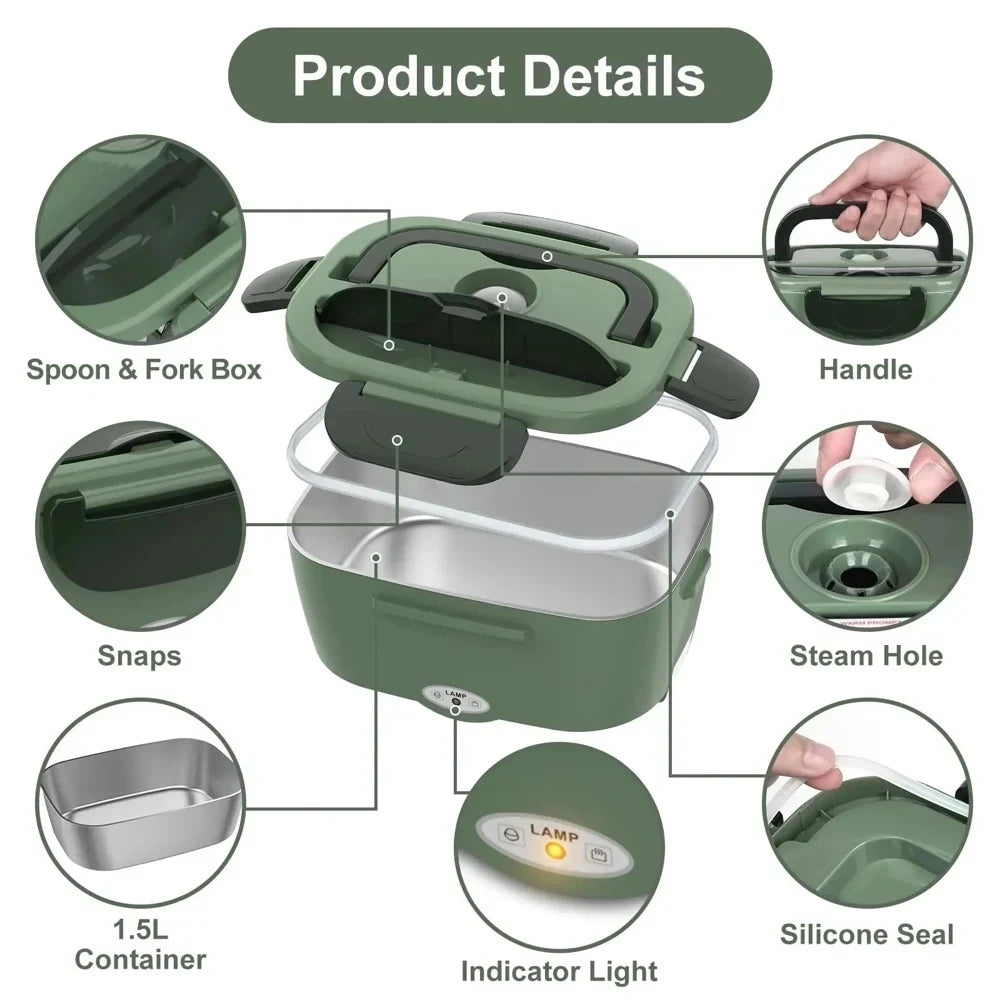 80W Portable Electric Heated Lunch Box | Leakproof Stainless Steel Food Warmer